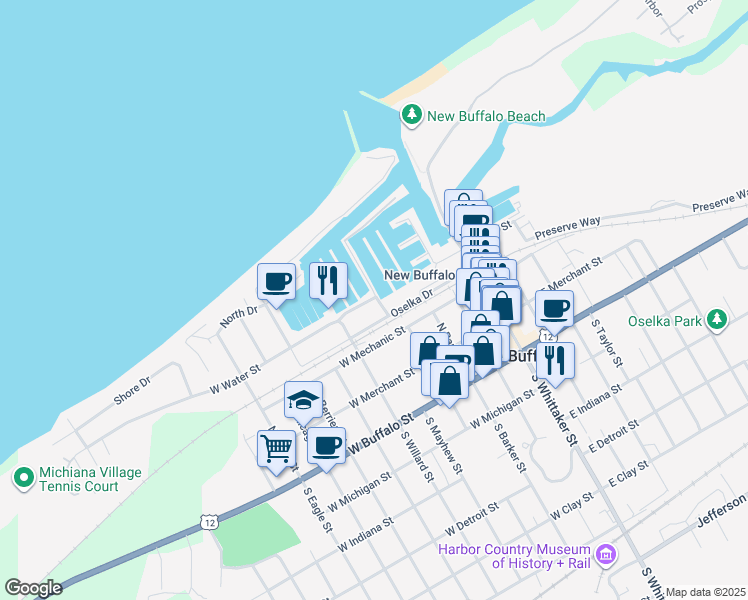 map of restaurants, bars, coffee shops, grocery stores, and more near 1 Harbor Isle Drive in New Buffalo
