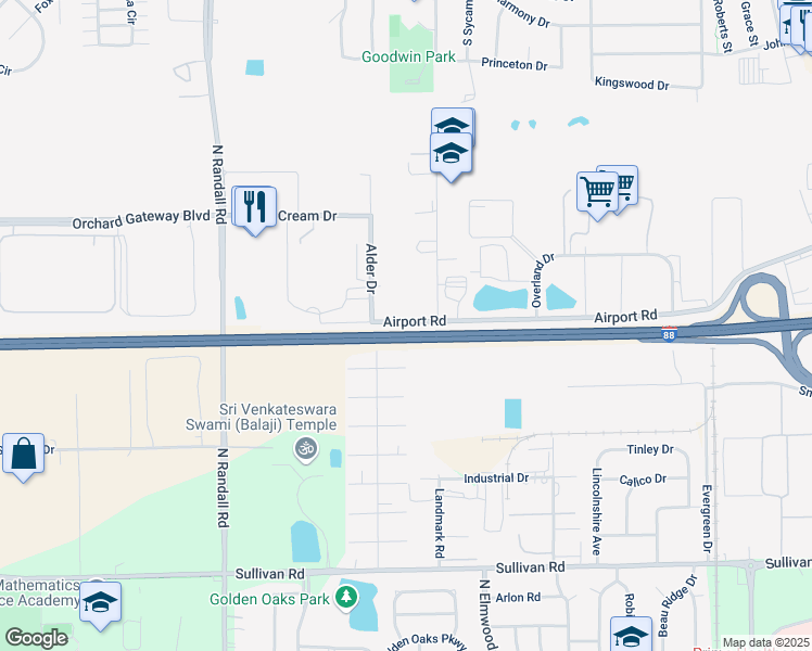 map of restaurants, bars, coffee shops, grocery stores, and more near 609 Airport Road in North Aurora