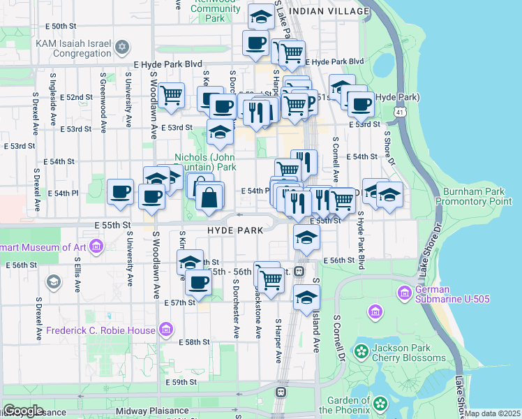 map of restaurants, bars, coffee shops, grocery stores, and more near 1438 East 55th Street in Chicago