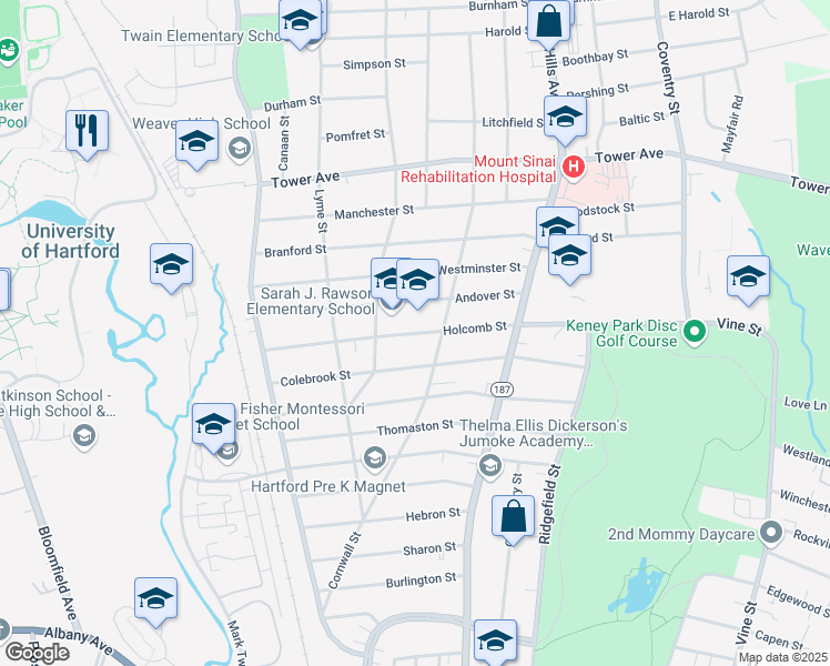 map of restaurants, bars, coffee shops, grocery stores, and more near 260 Holcomb Street in Hartford