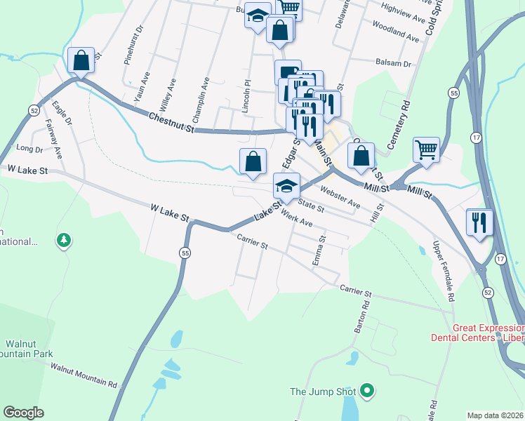 map of restaurants, bars, coffee shops, grocery stores, and more near 91 Lake Street in Liberty