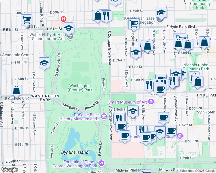 map of restaurants, bars, coffee shops, grocery stores, and more near 5450 South Cottage Grove Avenue in Chicago
