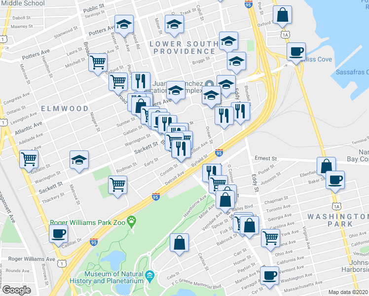 map of restaurants, bars, coffee shops, grocery stores, and more near 672 Prairie Avenue in Providence
