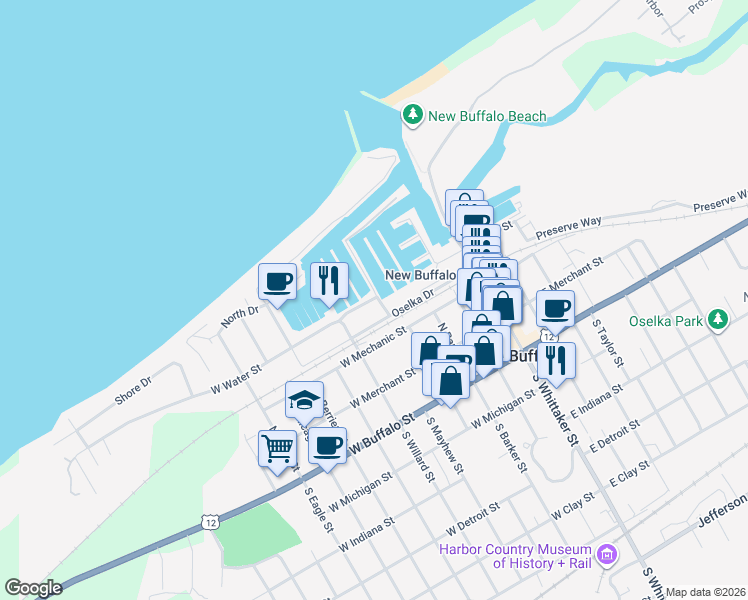 map of restaurants, bars, coffee shops, grocery stores, and more near 1 Harbor Isle Drive in New Buffalo