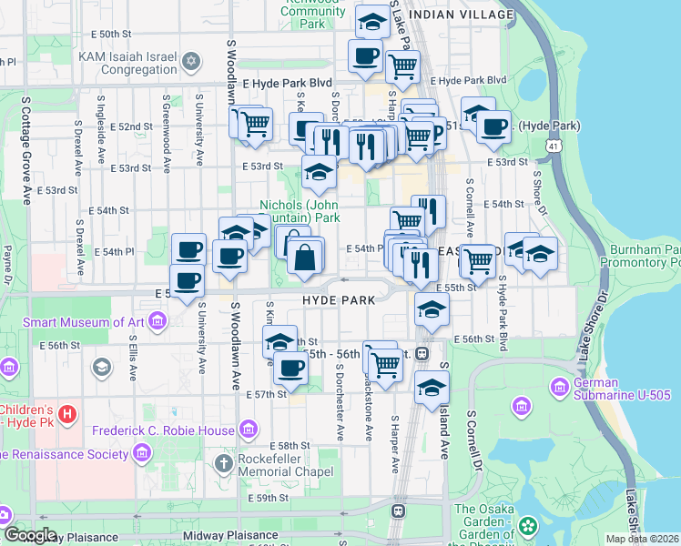 map of restaurants, bars, coffee shops, grocery stores, and more near 1414 East Rochdale Place in Chicago