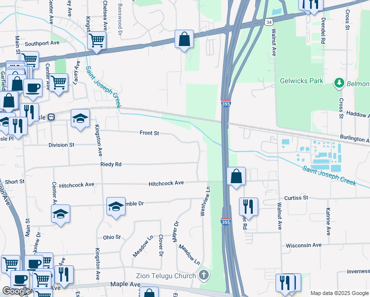 map of restaurants, bars, coffee shops, grocery stores, and more near 591 Front Street in Lisle