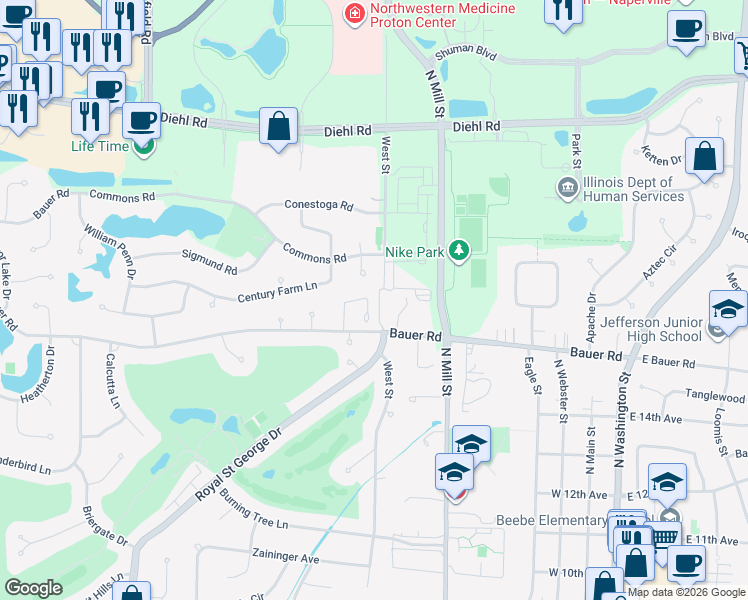 map of restaurants, bars, coffee shops, grocery stores, and more near 1521 Wedgefield Circle in Naperville