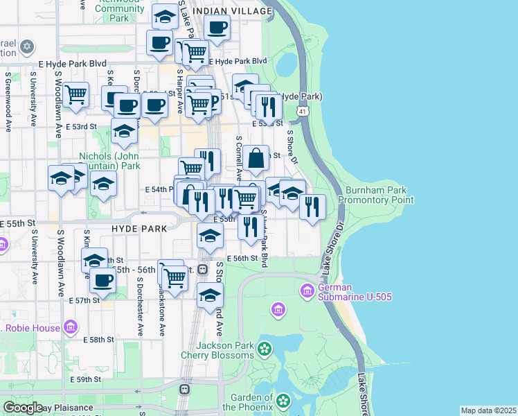 map of restaurants, bars, coffee shops, grocery stores, and more near 5482 South Hyde Park Boulevard in Chicago