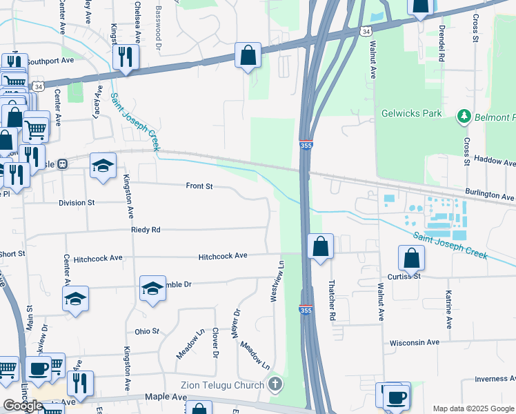 map of restaurants, bars, coffee shops, grocery stores, and more near 591 Front Street in Lisle