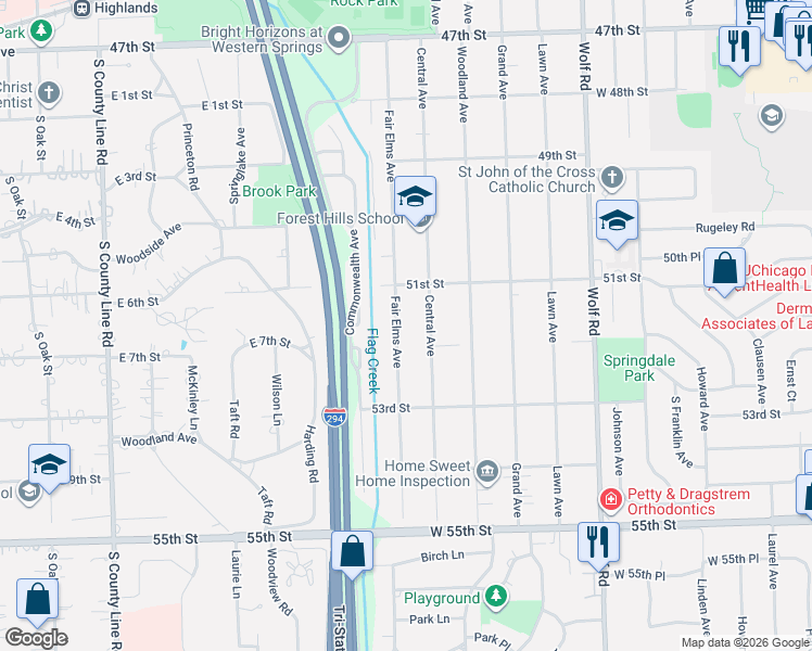 map of restaurants, bars, coffee shops, grocery stores, and more near 5124 Fair Elms Avenue in Western Springs