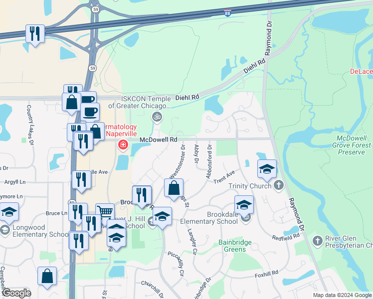 map of restaurants, bars, coffee shops, grocery stores, and more near 1644 Westminster Drive in Naperville