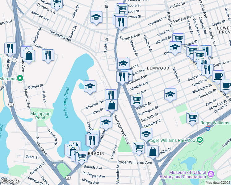 map of restaurants, bars, coffee shops, grocery stores, and more near 43 Reservoir Avenue in Providence