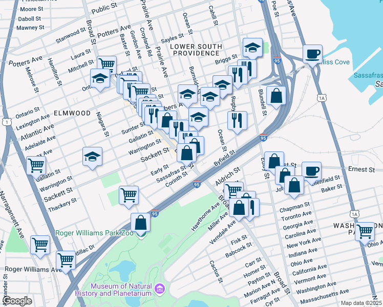 map of restaurants, bars, coffee shops, grocery stores, and more near 674 Prairie Avenue in Providence
