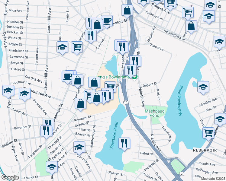 map of restaurants, bars, coffee shops, grocery stores, and more near 247 Garfield Avenue in Cranston