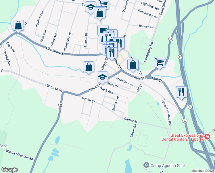 map of restaurants, bars, coffee shops, grocery stores, and more near 12 Wierk Avenue in Liberty