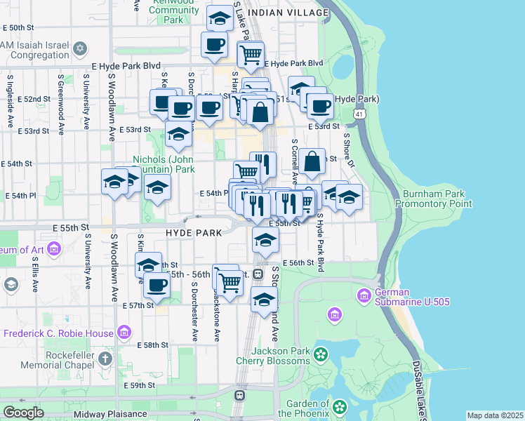 map of restaurants, bars, coffee shops, grocery stores, and more near 5452 South Lake Park Avenue in Chicago
