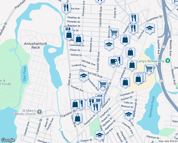 map of restaurants, bars, coffee shops, grocery stores, and more near 93 Chestnut Hill Avenue in Cranston