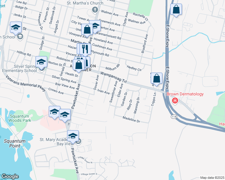 map of restaurants, bars, coffee shops, grocery stores, and more near 45 Sweetbriar Avenue in East Providence
