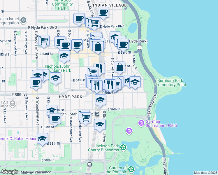 map of restaurants, bars, coffee shops, grocery stores, and more near 5480 South Cornell Avenue in Chicago