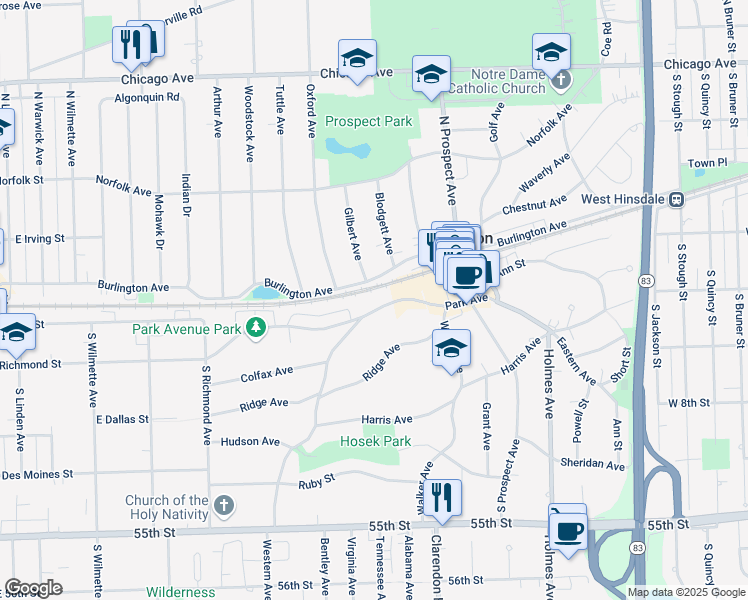 map of restaurants, bars, coffee shops, grocery stores, and more near 326 Park Avenue in Clarendon Hills