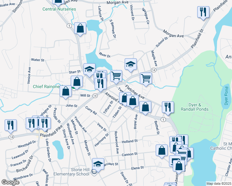 map of restaurants, bars, coffee shops, grocery stores, and more near 20 Clemence Street in Cranston