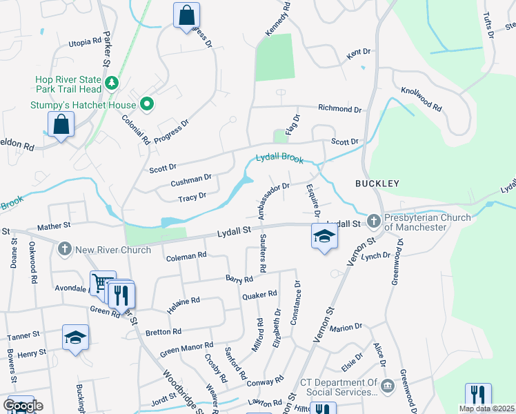 map of restaurants, bars, coffee shops, grocery stores, and more near 28 Ambassador Drive in Manchester