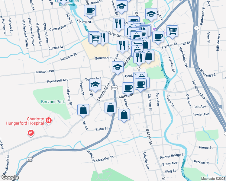 map of restaurants, bars, coffee shops, grocery stores, and more near 58 New Litchfield Street in Torrington