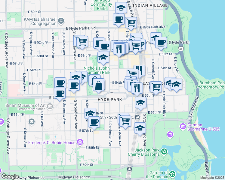 map of restaurants, bars, coffee shops, grocery stores, and more near 1414 East Rochdale Place in Chicago