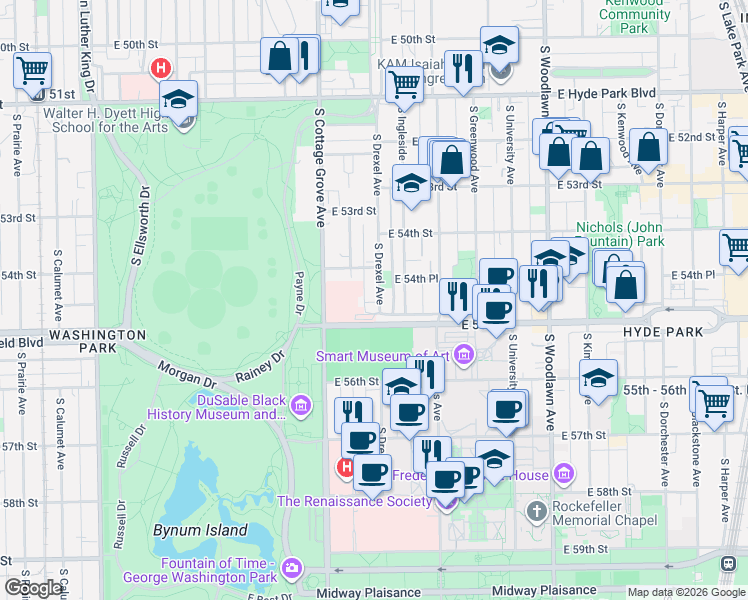 map of restaurants, bars, coffee shops, grocery stores, and more near 5426 South Drexel Avenue in Chicago