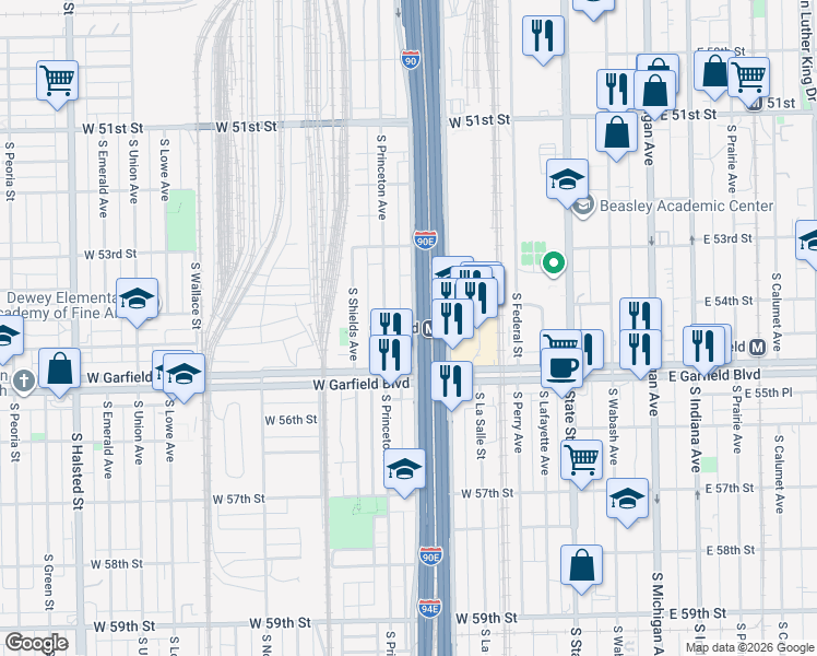 map of restaurants, bars, coffee shops, grocery stores, and more near 5409 South Wells Street in Chicago