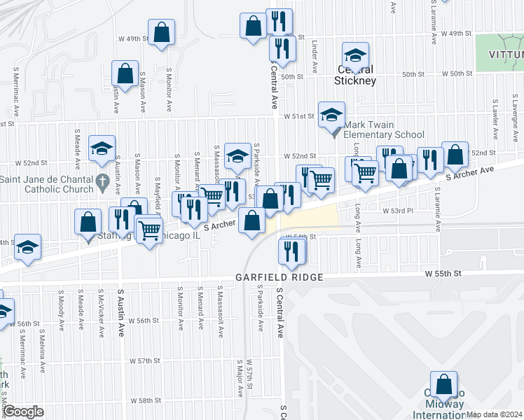 map of restaurants, bars, coffee shops, grocery stores, and more near 5307 South Parkside Avenue in Chicago