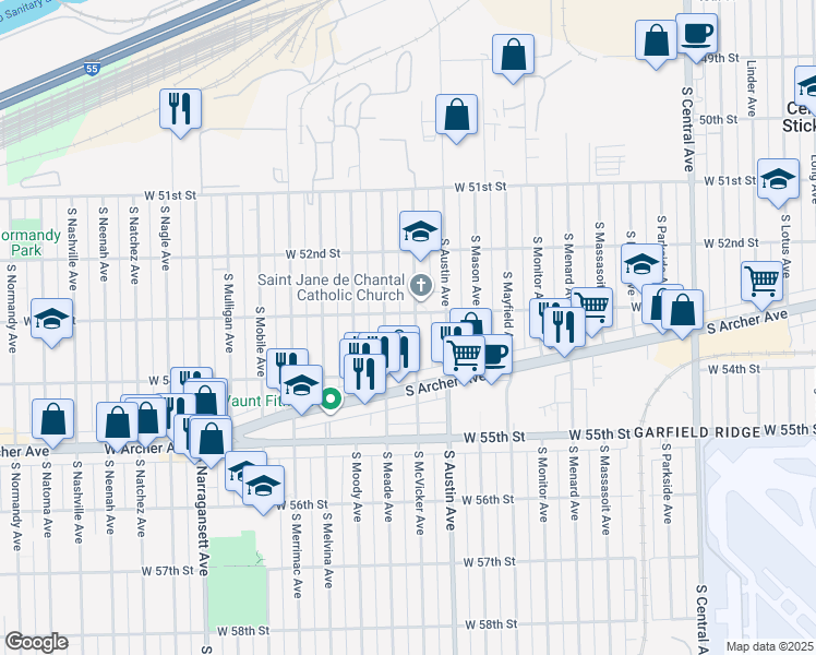 map of restaurants, bars, coffee shops, grocery stores, and more near 5308 South McVicker Avenue in Chicago
