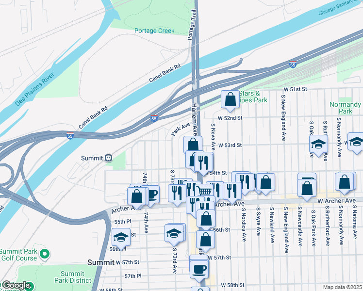 map of restaurants, bars, coffee shops, grocery stores, and more near 5303 South 72nd Court in Summit