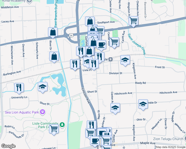 map of restaurants, bars, coffee shops, grocery stores, and more near 1131 Lisle Place in Lisle