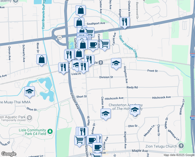 map of restaurants, bars, coffee shops, grocery stores, and more near 1003 Division Street in Lisle