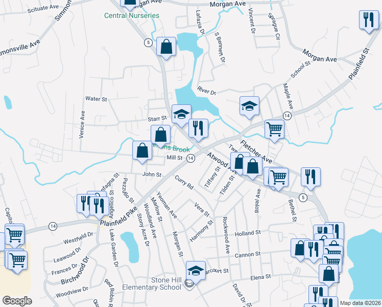map of restaurants, bars, coffee shops, grocery stores, and more near 1405 Plainfield Street in Johnston