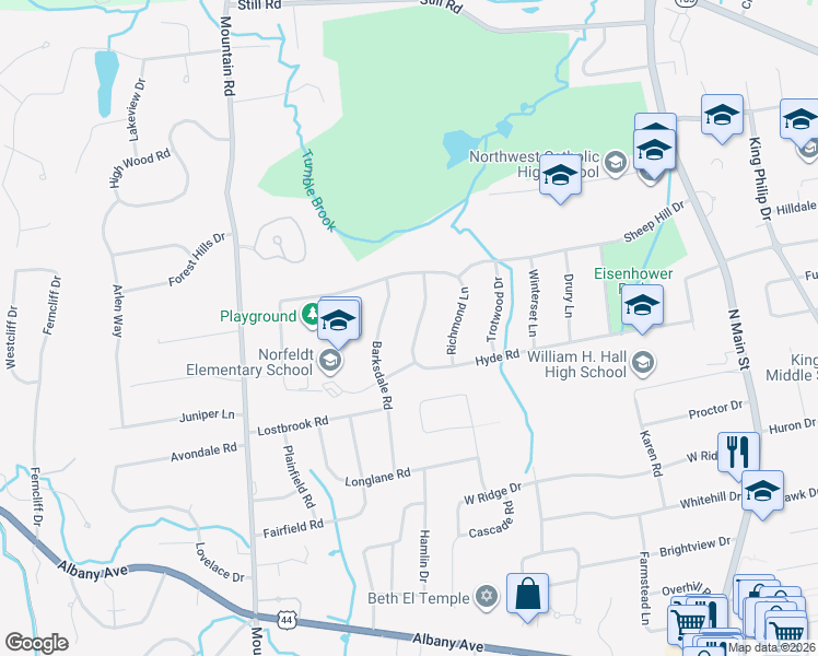 map of restaurants, bars, coffee shops, grocery stores, and more near 135 Hyde Road in West Hartford
