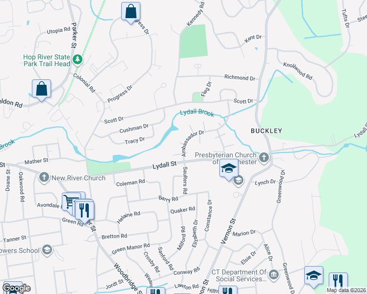 map of restaurants, bars, coffee shops, grocery stores, and more near 28 Ambassador Drive in Manchester