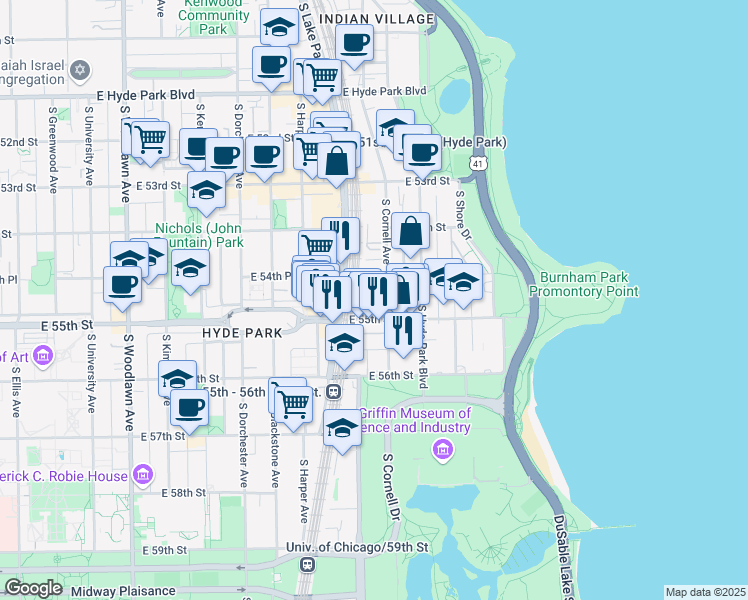 map of restaurants, bars, coffee shops, grocery stores, and more near 5464 South Cornell Avenue in Chicago