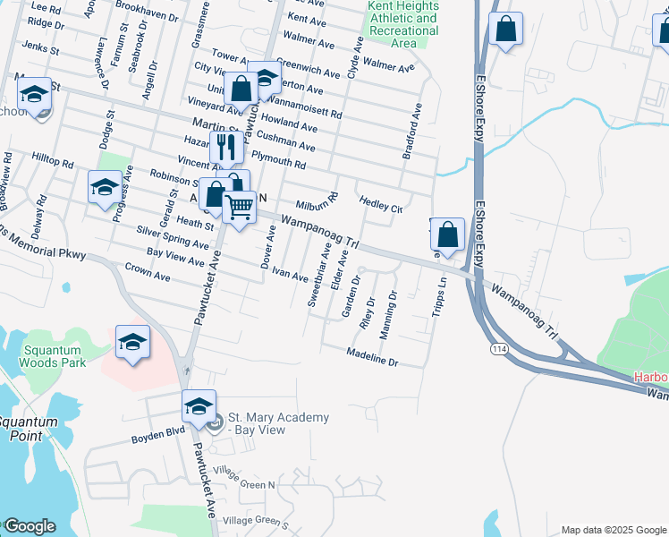 map of restaurants, bars, coffee shops, grocery stores, and more near 25 Elder Avenue in East Providence