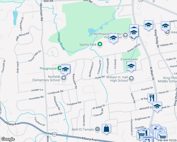 map of restaurants, bars, coffee shops, grocery stores, and more near 125 Richmond Lane in West Hartford
