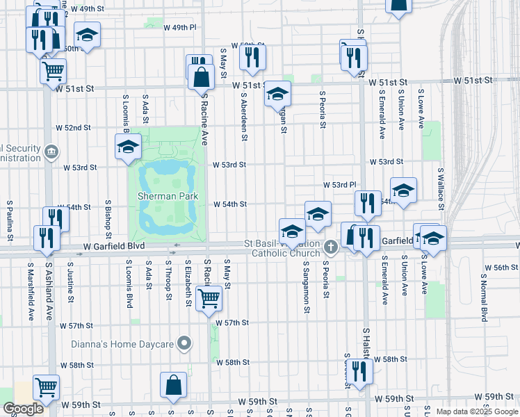 map of restaurants, bars, coffee shops, grocery stores, and more near 5402 South Carpenter Street in Chicago