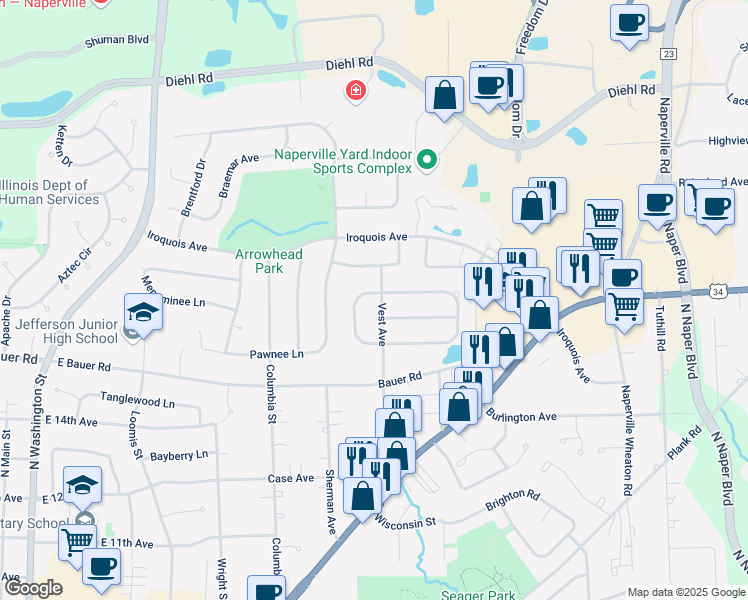 map of restaurants, bars, coffee shops, grocery stores, and more near 1545 Vest Avenue in Naperville