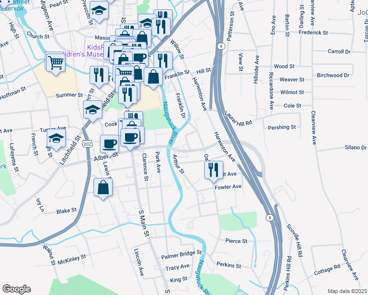map of restaurants, bars, coffee shops, grocery stores, and more near 11 Marion Avenue in Torrington