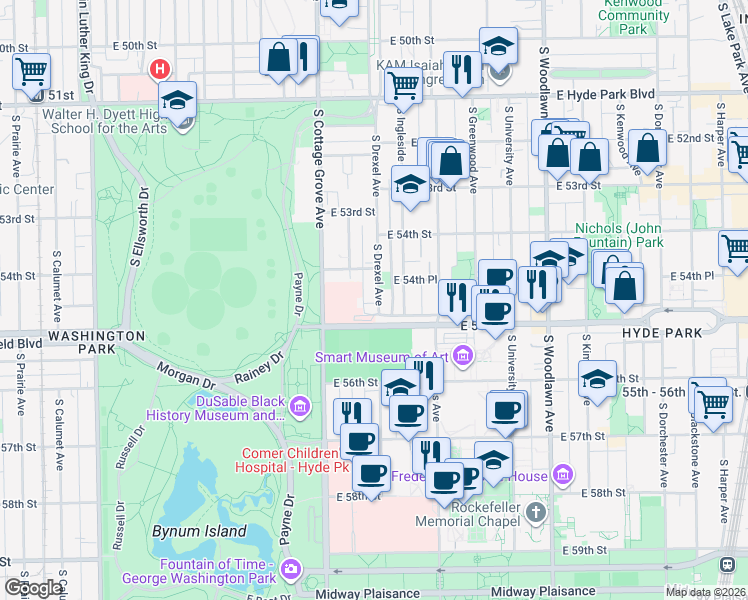 map of restaurants, bars, coffee shops, grocery stores, and more near 5426 South Drexel Avenue in Chicago