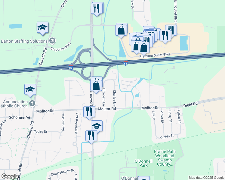 map of restaurants, bars, coffee shops, grocery stores, and more near 1940 Charles Lane in Aurora