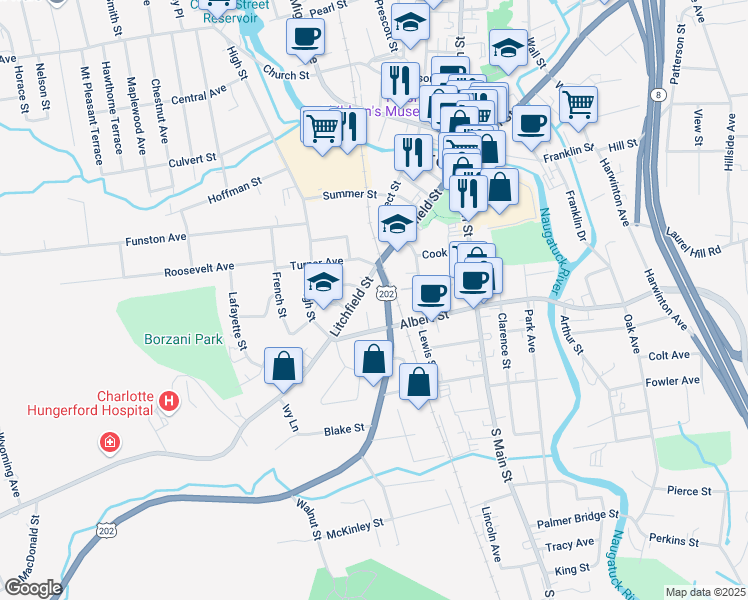 map of restaurants, bars, coffee shops, grocery stores, and more near 58 New Litchfield Street in Torrington