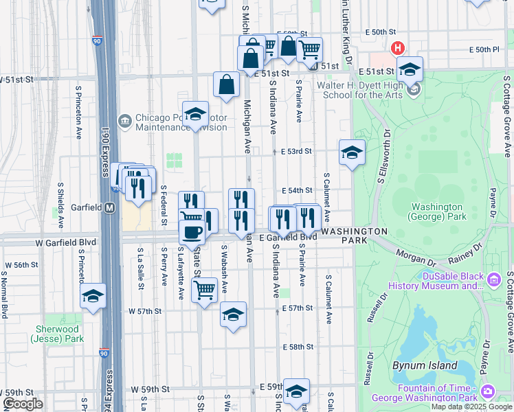 map of restaurants, bars, coffee shops, grocery stores, and more near 5419 South Michigan Avenue in Chicago