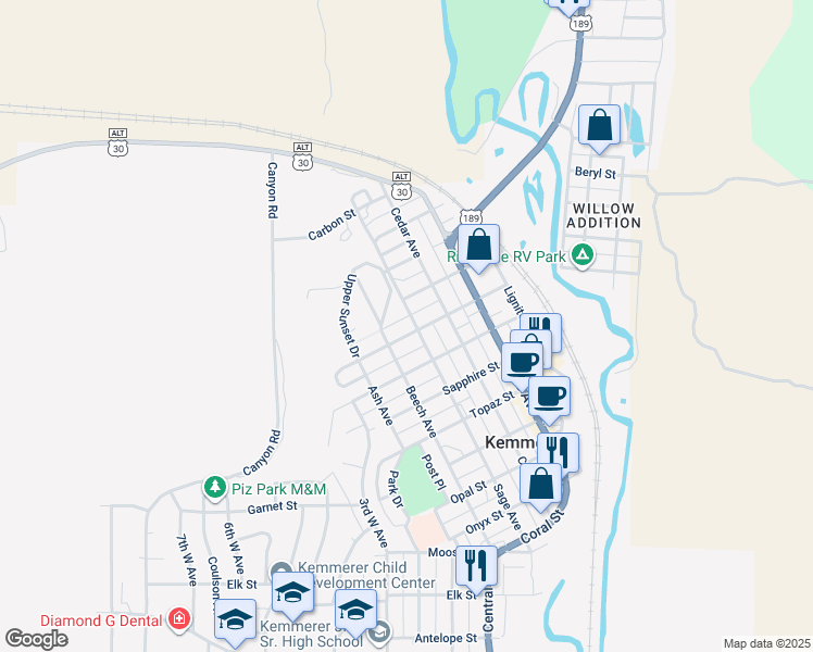 map of restaurants, bars, coffee shops, grocery stores, and more near 509 Pearl Street in Kemmerer