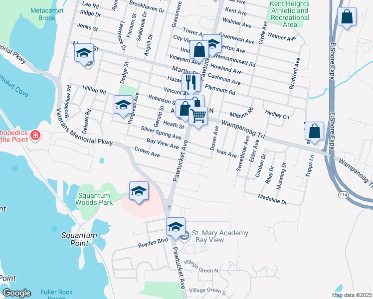 map of restaurants, bars, coffee shops, grocery stores, and more near 2888 Pawtucket Avenue in East Providence